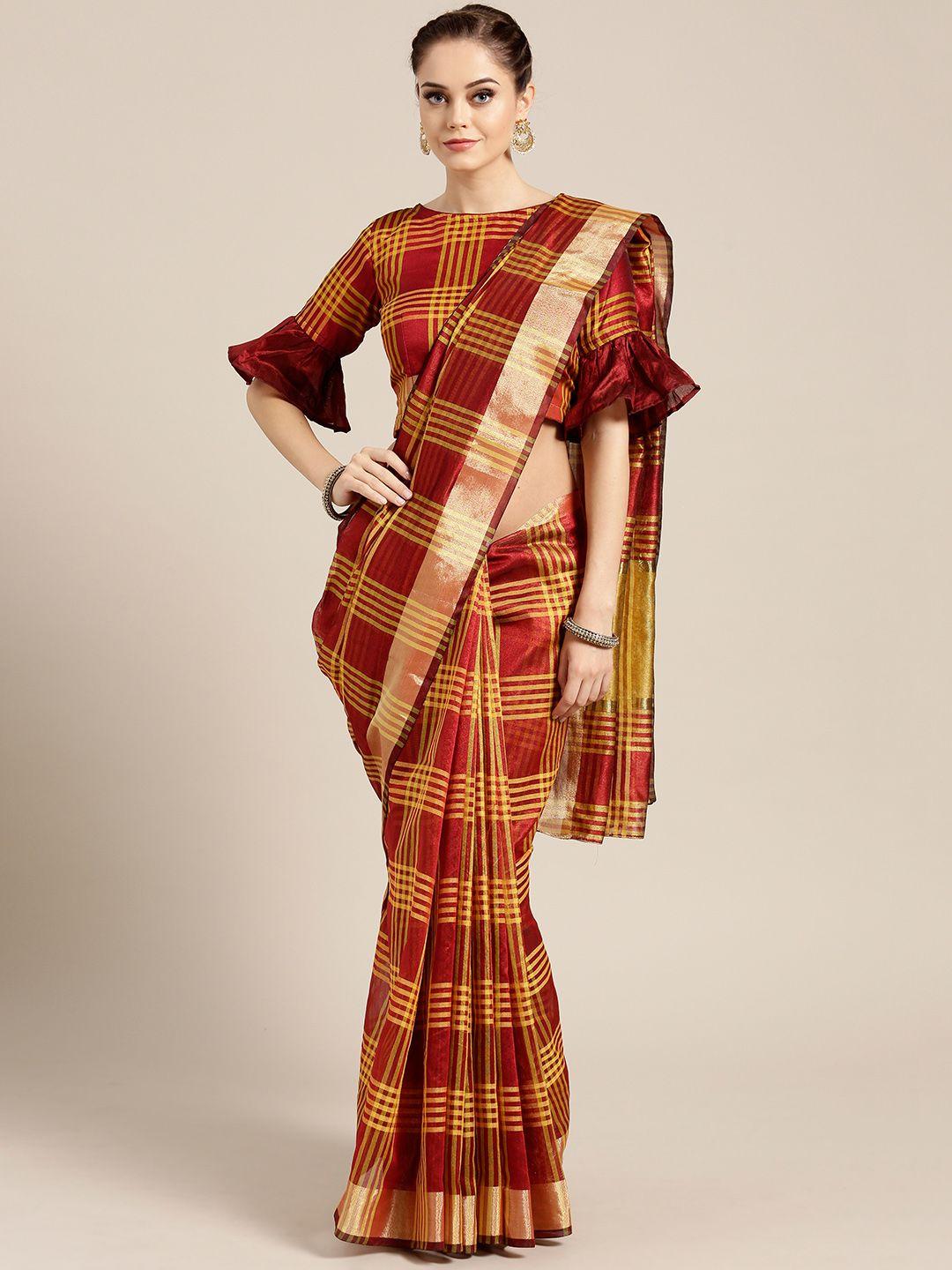 chhabra 555 maroon & red checked saree