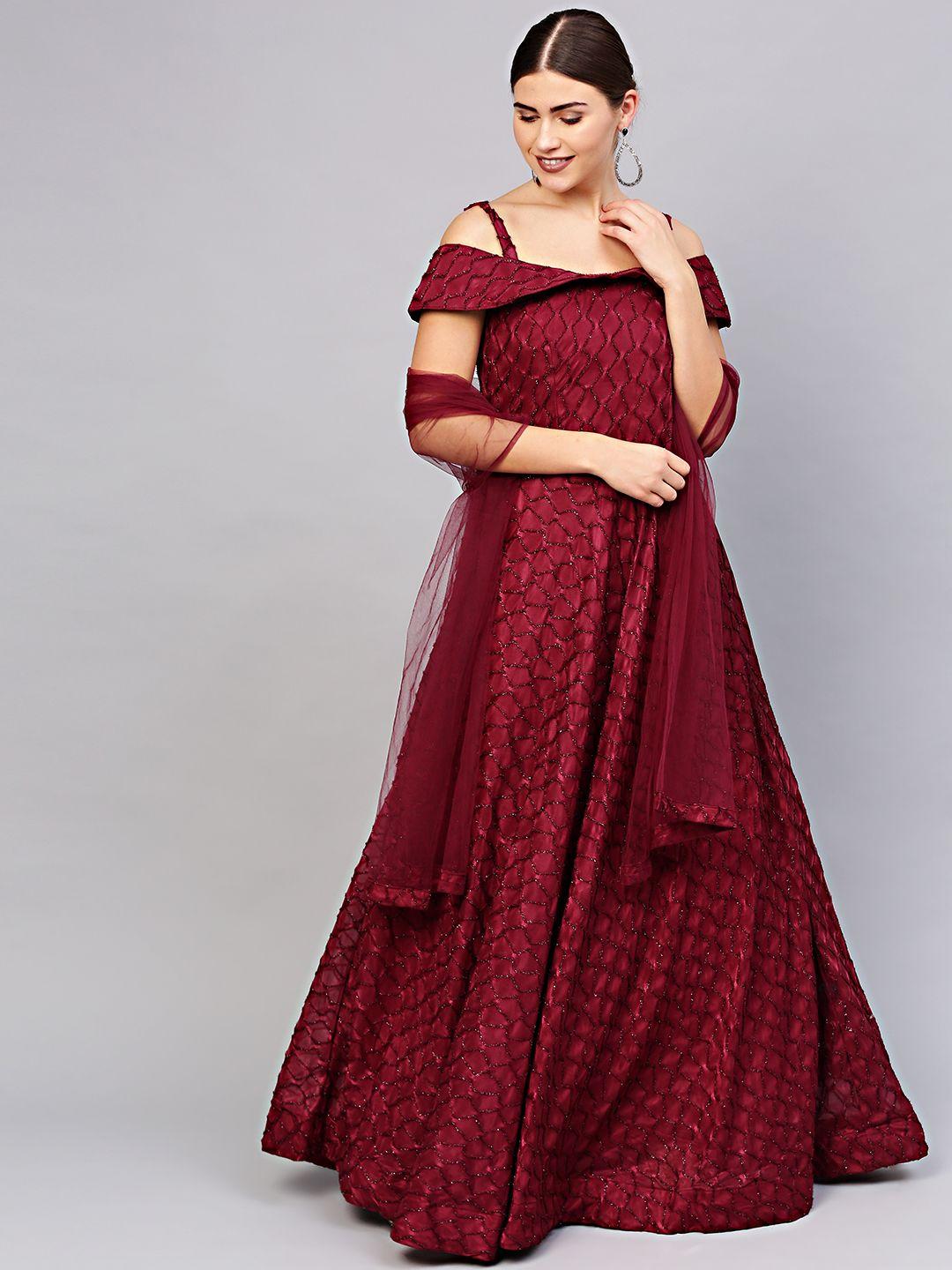 chhabra 555 maroon embellished made to measure cocktail gown with dupatta