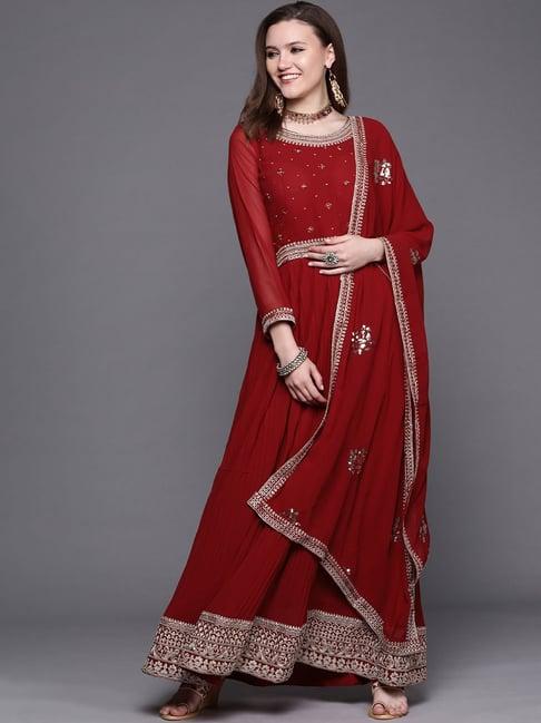 chhabra 555 maroon embroidered anarkali and pant with dupatta