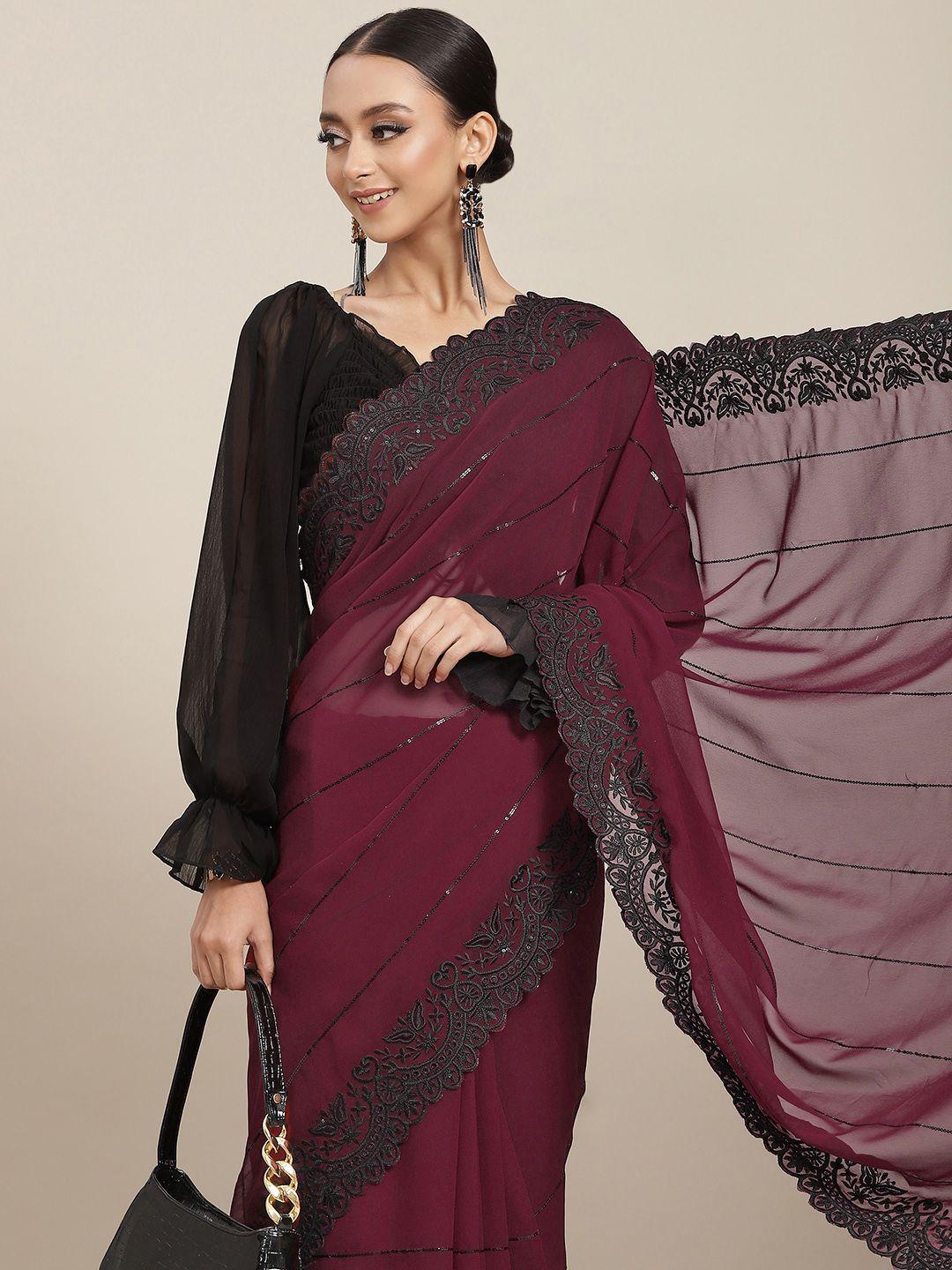 chhabra 555 maroon striped sequinned saree