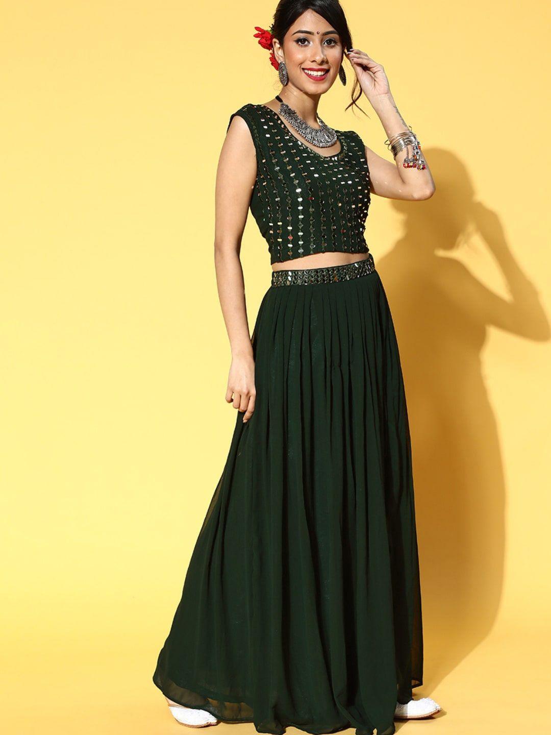 chhabra 555 mirror work embellished crop top with skirt & jacket