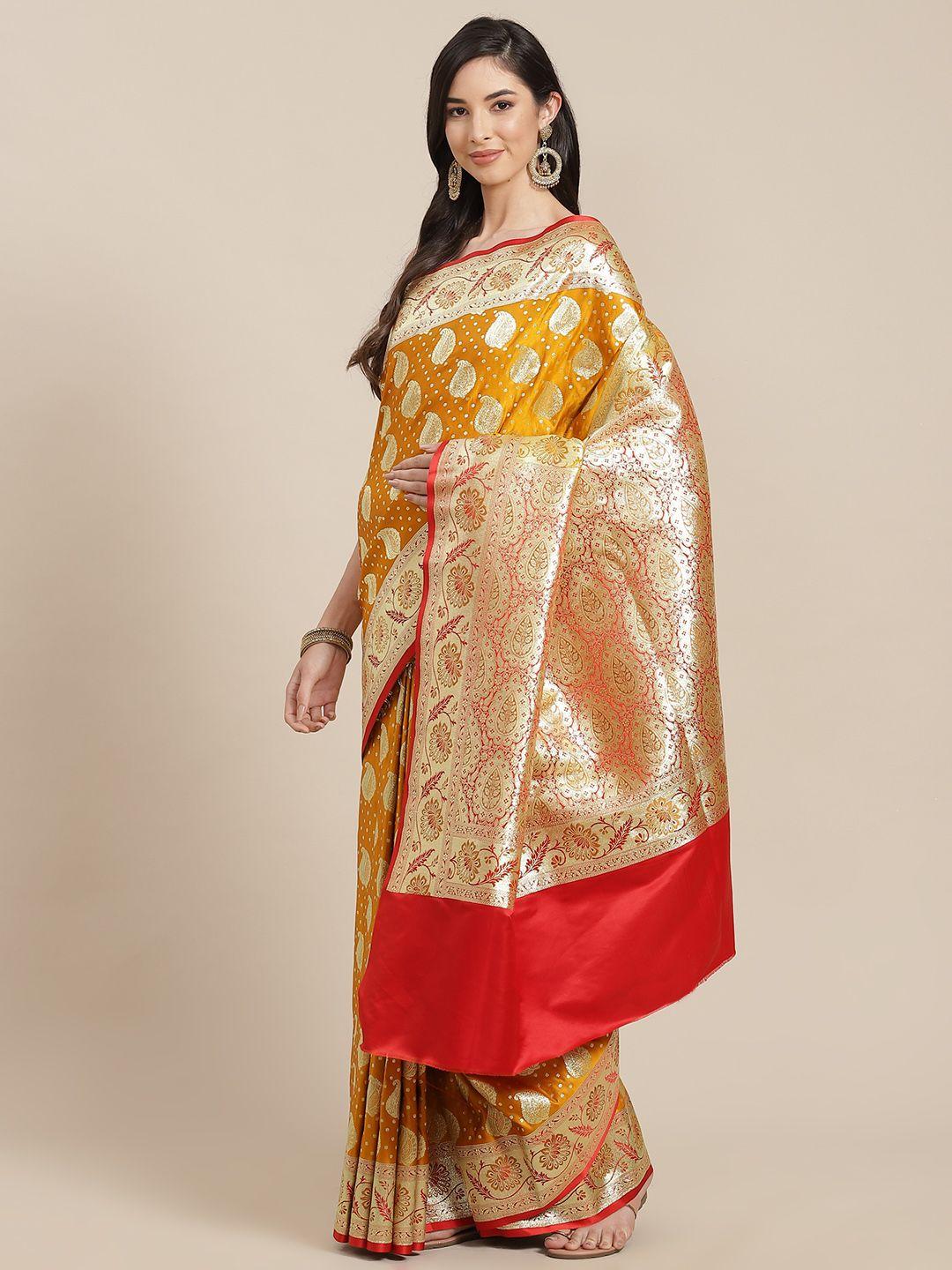 chhabra 555 mustard & gold paisley zari silk blend kanjeevaram saree