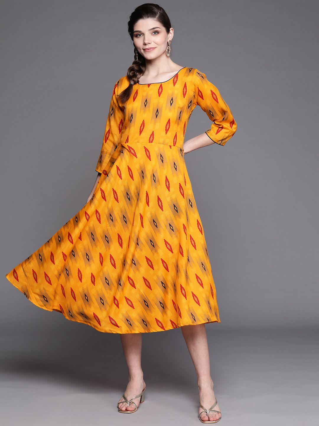 chhabra 555 mustard yellow ikat print made to measure flared midi dress