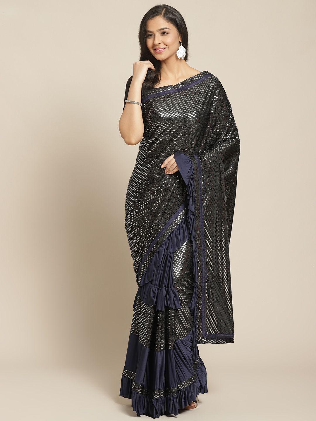 chhabra 555 navy blue & silver embroidered ruffled saree