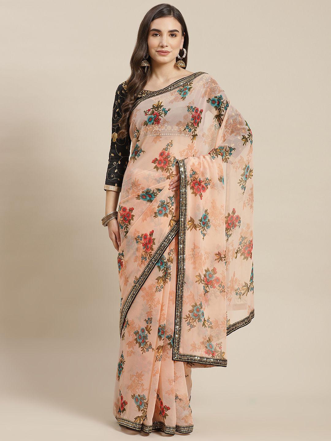 chhabra 555 peach-coloured floral sequinned saree