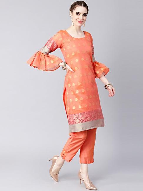chhabra 555 peach embroidered kurta pant set with dupatta