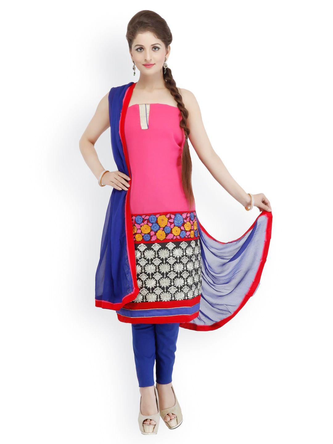 chhabra 555 pink & blue embroidered georgette unstitched dress material