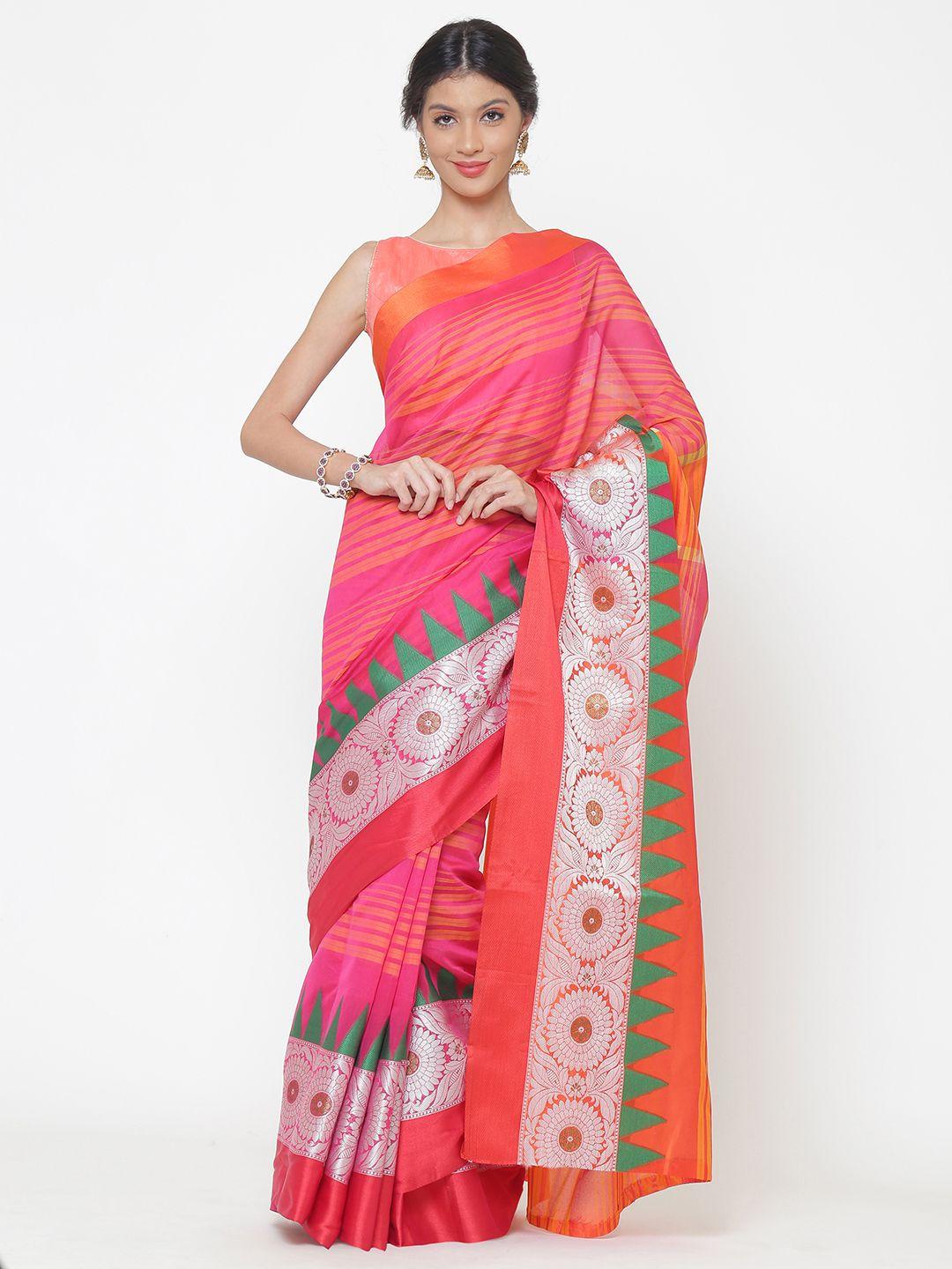 chhabra 555 pink & orange art silk striped banarasi saree