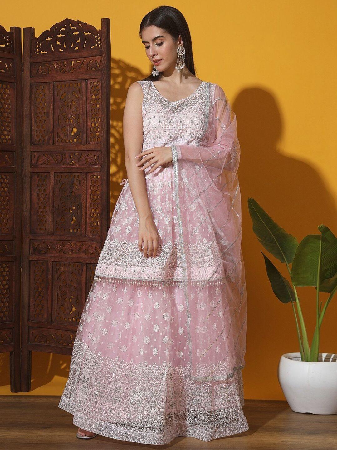chhabra 555 pink embroidered a-line kurti with skirt & dupatta
