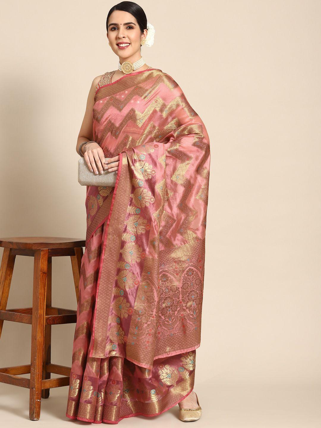 chhabra 555 pink woven design zari silk cotton banarasi saree