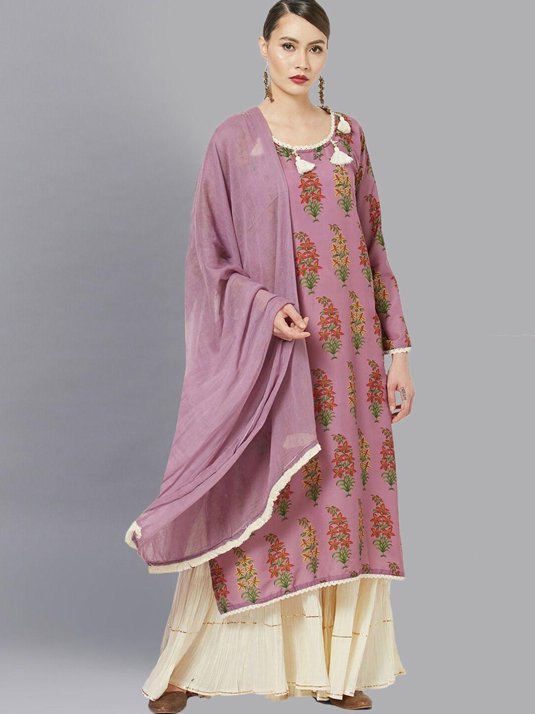 chhabra 555 purple & cream-coloured printed semi-stitched dress material