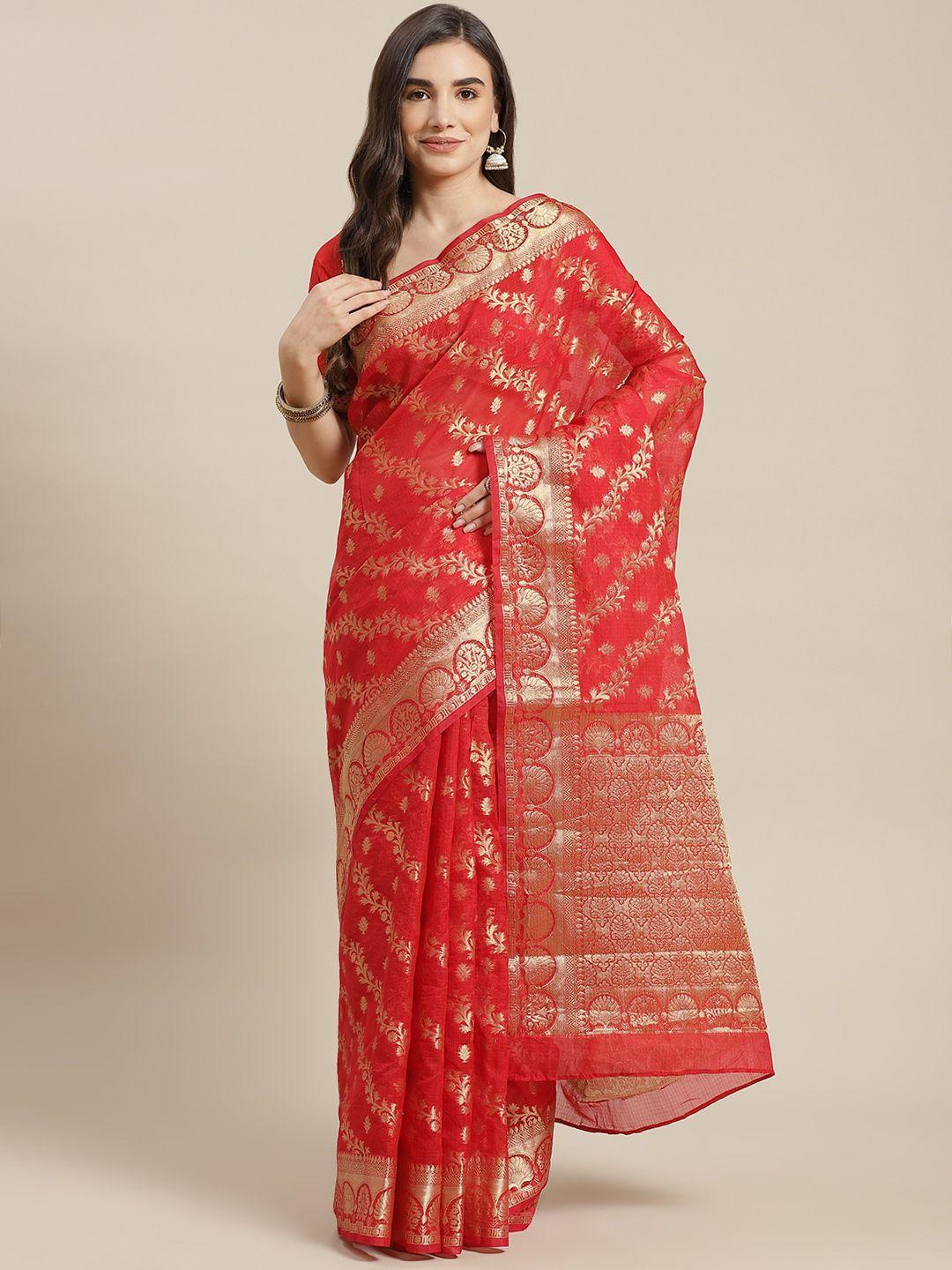 chhabra 555 red & gold-toned ethnic motifs zari silk blend jamdani saree