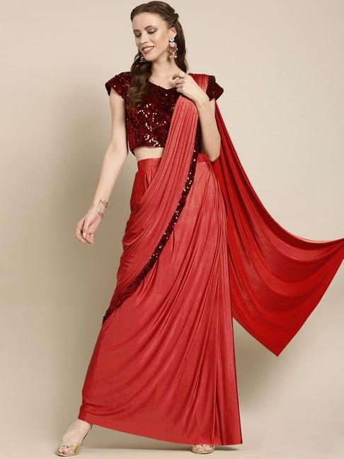 chhabra 555 red embellished ready to wear saree with unstitched blouse