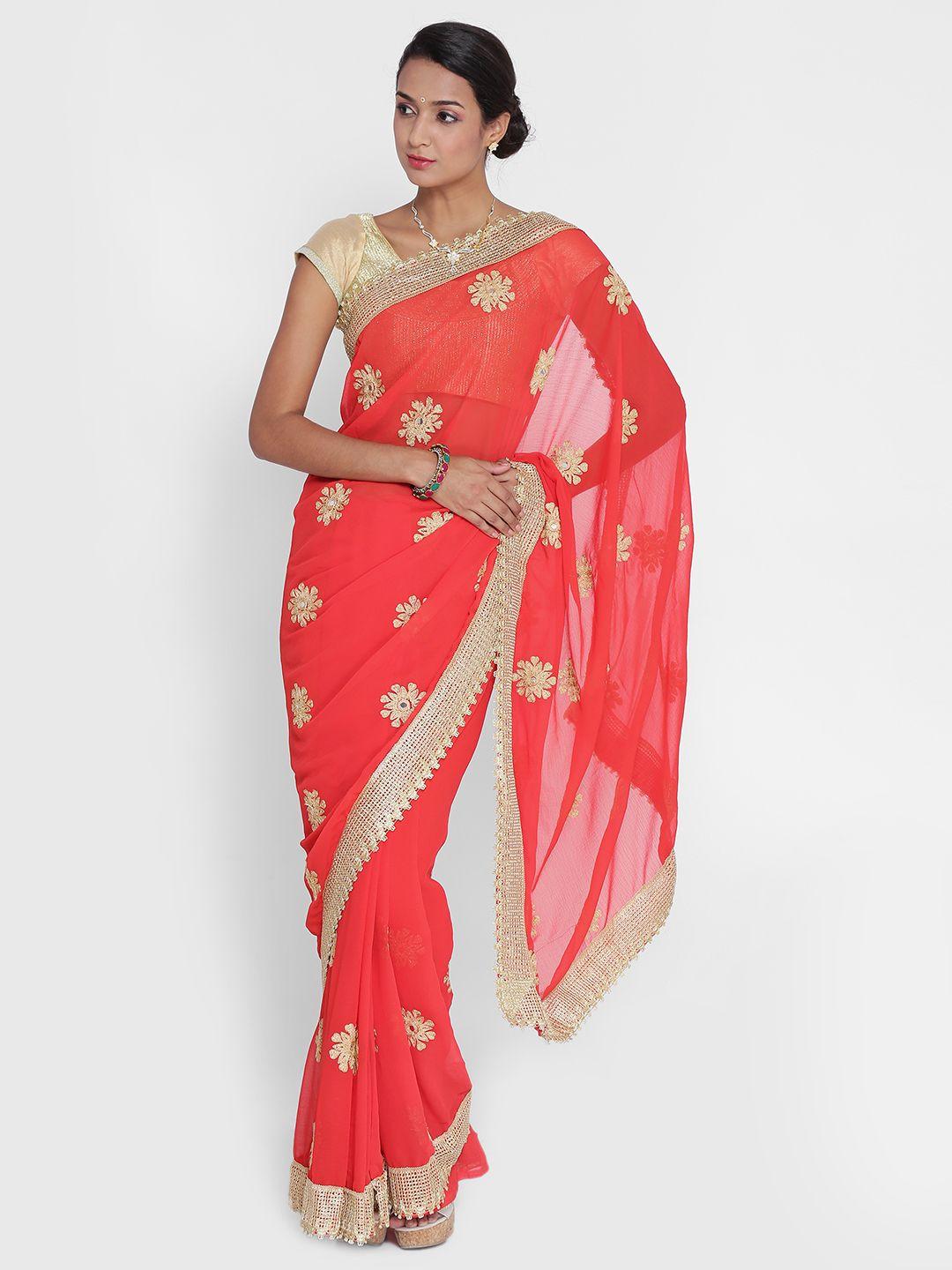 chhabra 555 red embroidered poly georgette saree