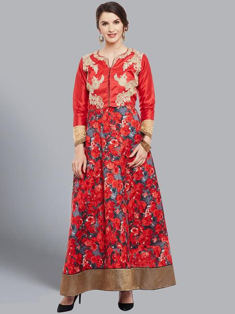 chhabra 555 red floral print semi-stitched dress material with jacket