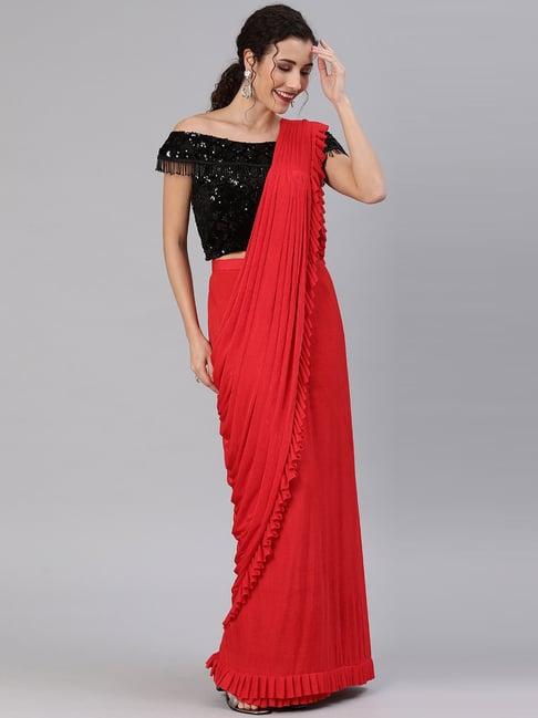 chhabra 555 red ruffled pre-draped lycra saree with frills and off shoulder black sequin blouse