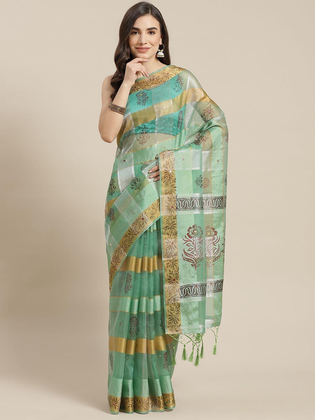 chhabra 555 sea green floral mirror work tissue block print saree