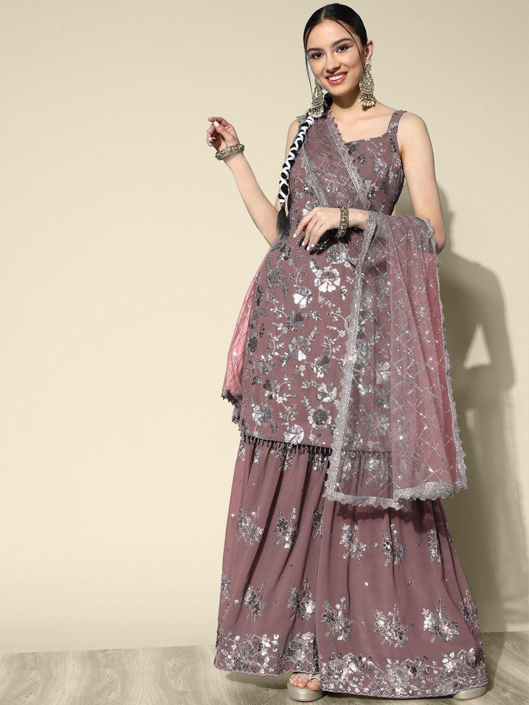 chhabra 555 sequence embellished straight kurta & sharara with net embroiderd dupatta