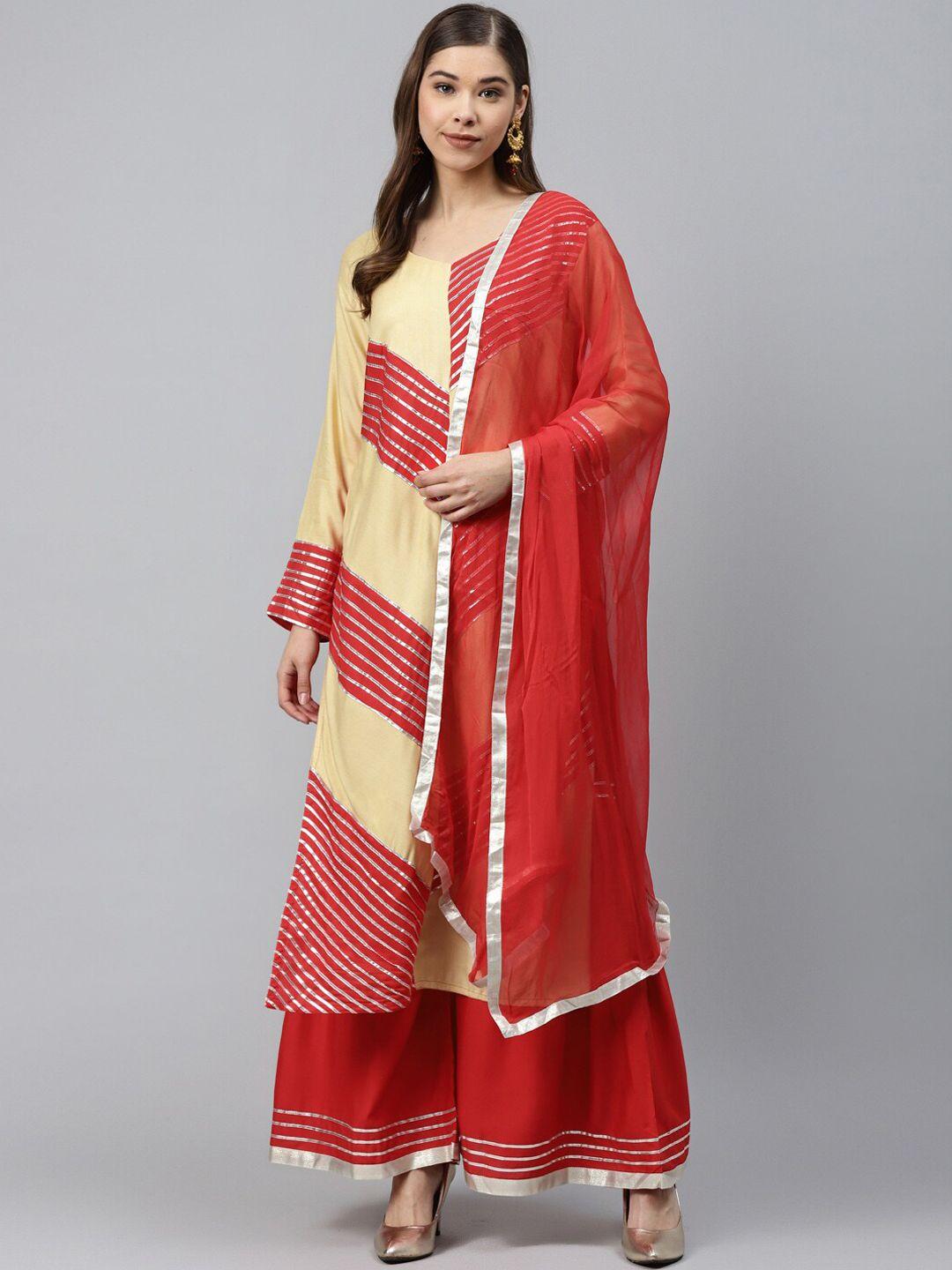 chhabra 555 women beige & red striped gotta patti kurta with sharara & dupatta