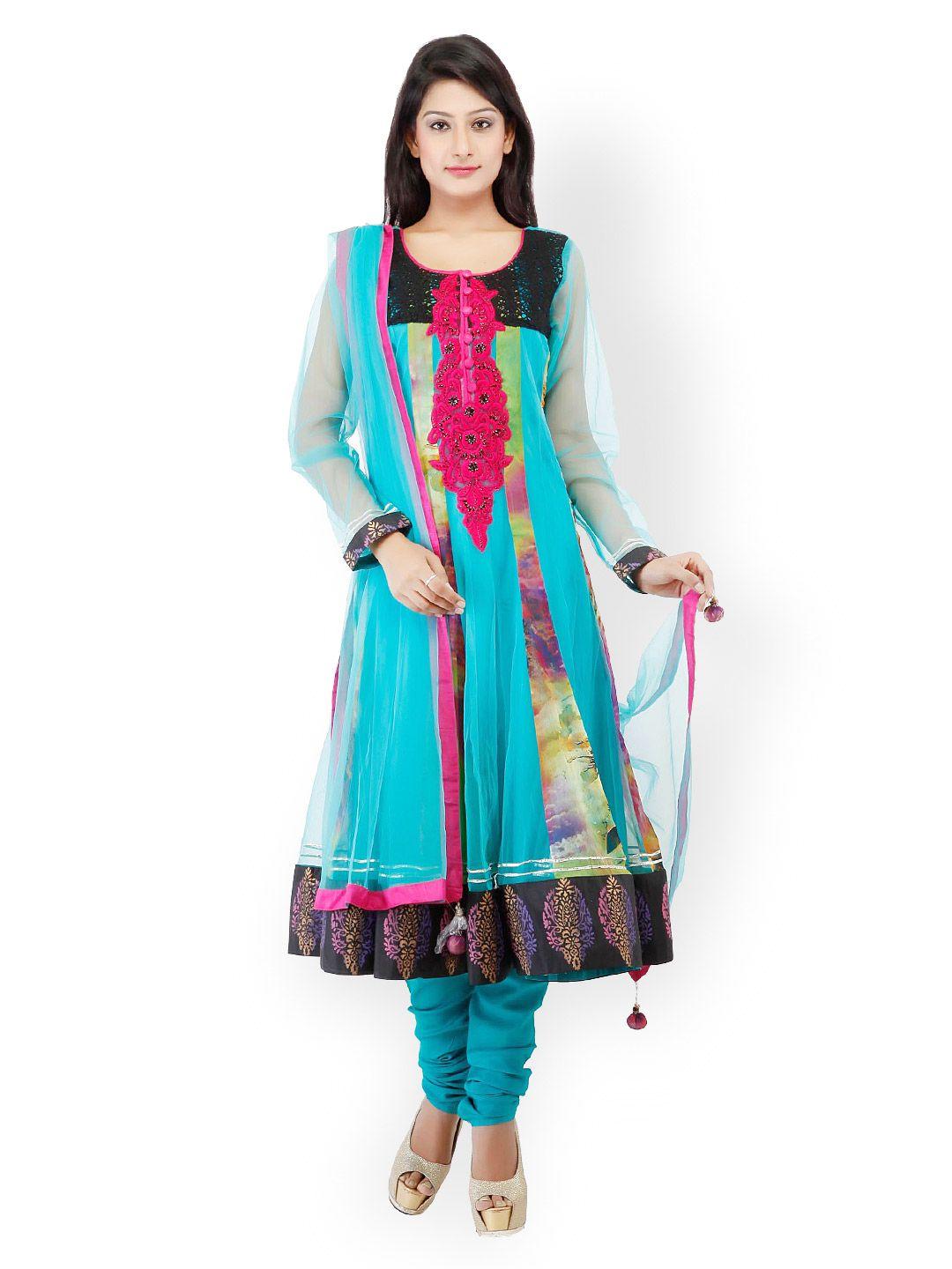 chhabra 555 women blue printed anarkali churidar kurta with dupatta