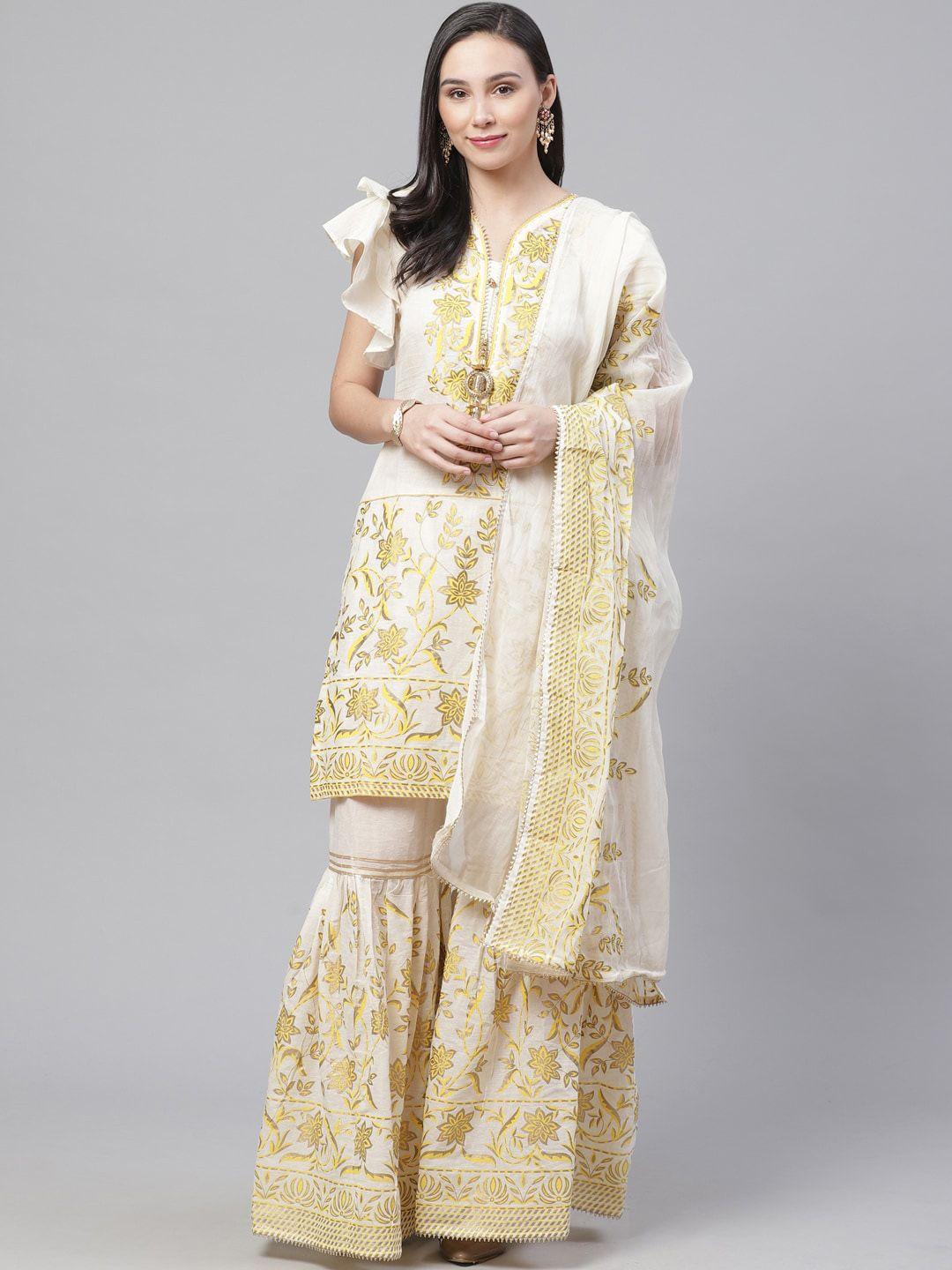 chhabra 555 women cream & yellow block printed gotta patti embroidered pure cotton kurta set