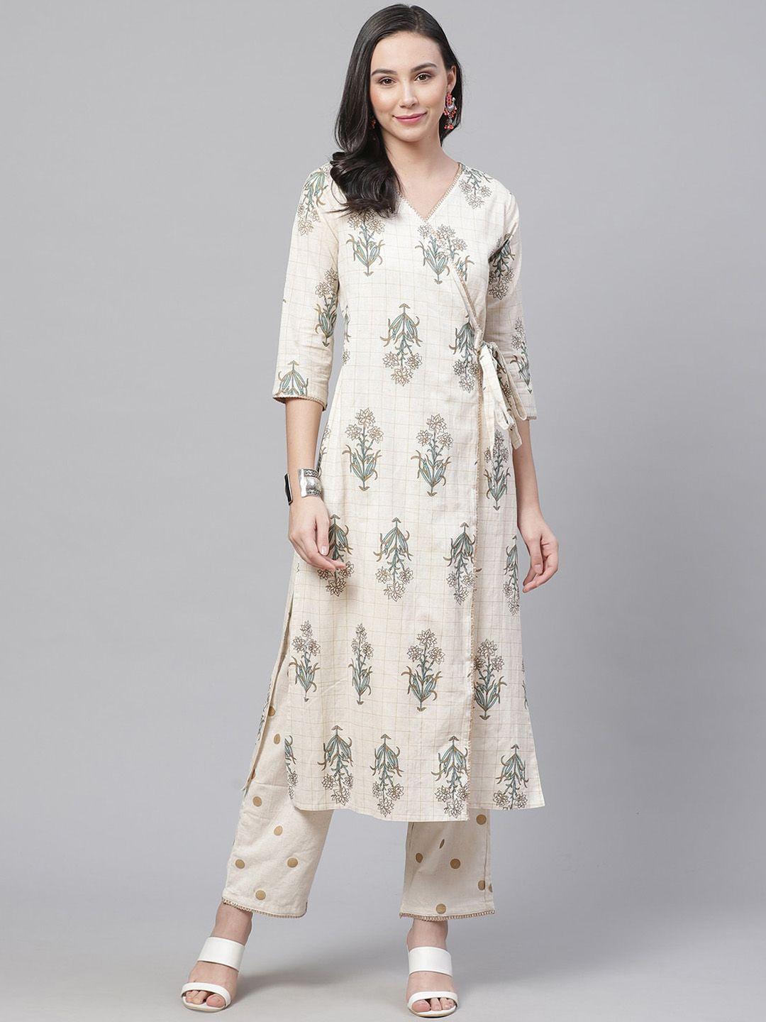 chhabra 555 women cream-coloured floral printed gotta patti kurta with trousers