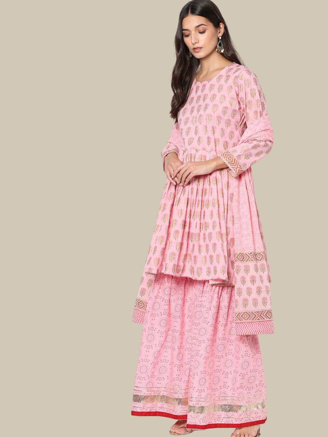 chhabra 555 women floral printed pleated kurta with sharara & dupatta