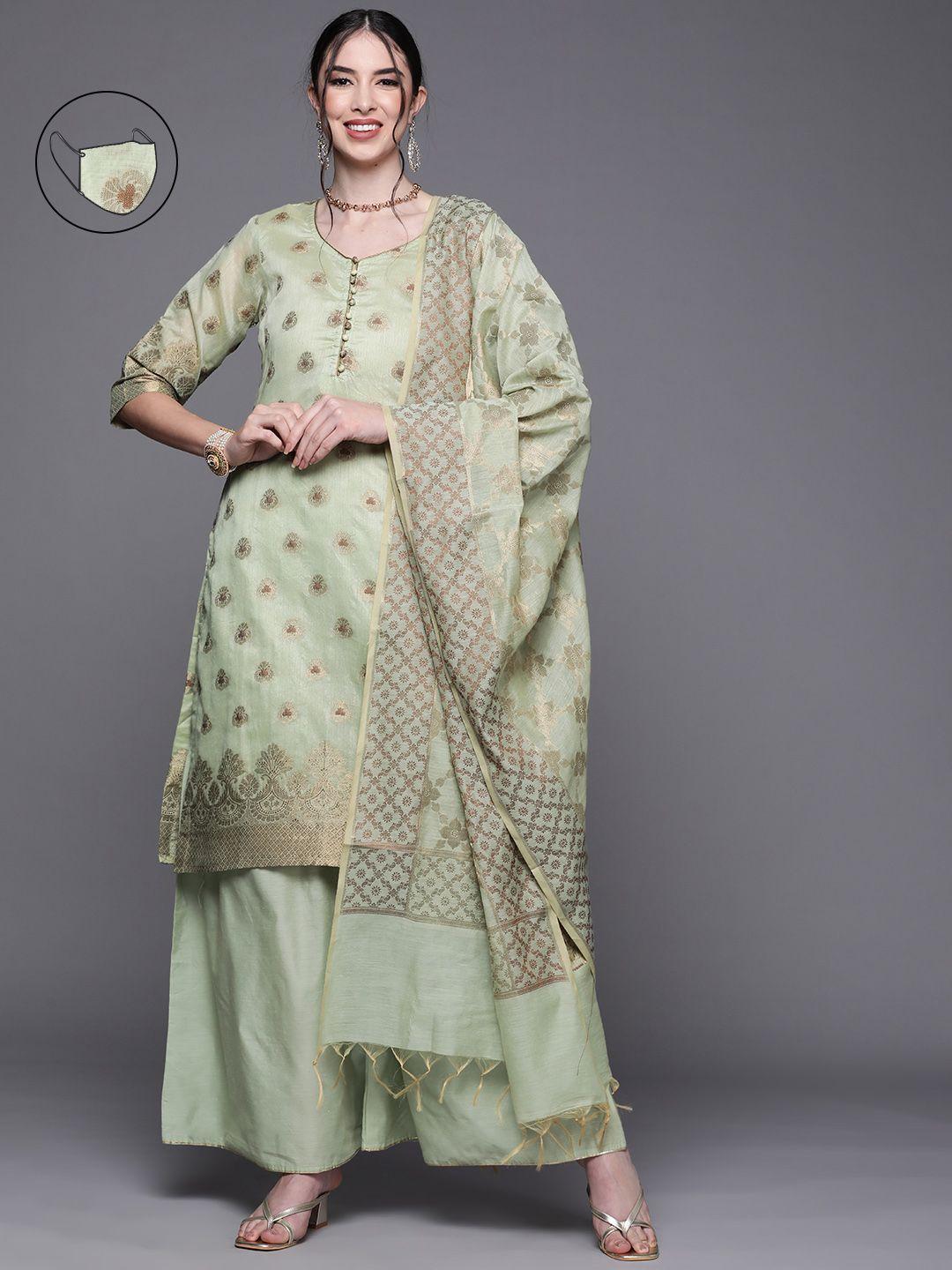 chhabra 555 women green & brown banarasi weave chanderi silk made to measure kurta set