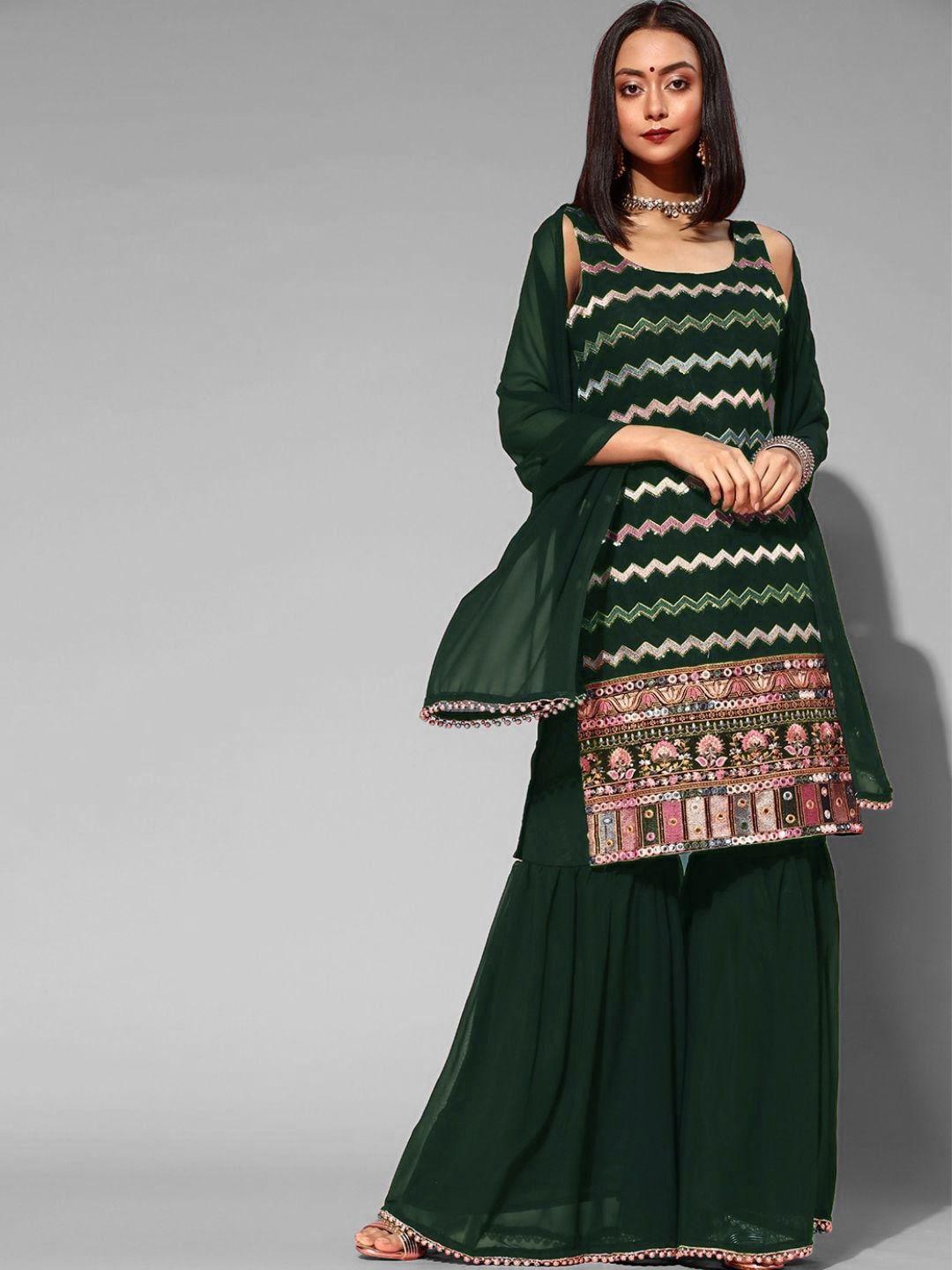 chhabra 555 women green embroidered angrakha mirror work kurti with sharara & with dupatta