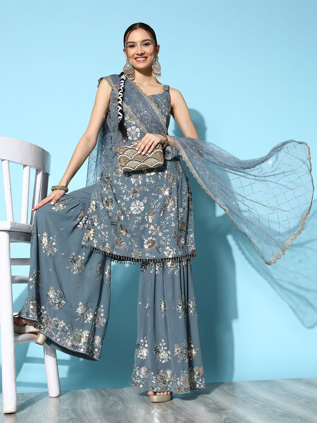 chhabra 555 women grey floral sequinned made to measure kurta with sharara & with dupatta
