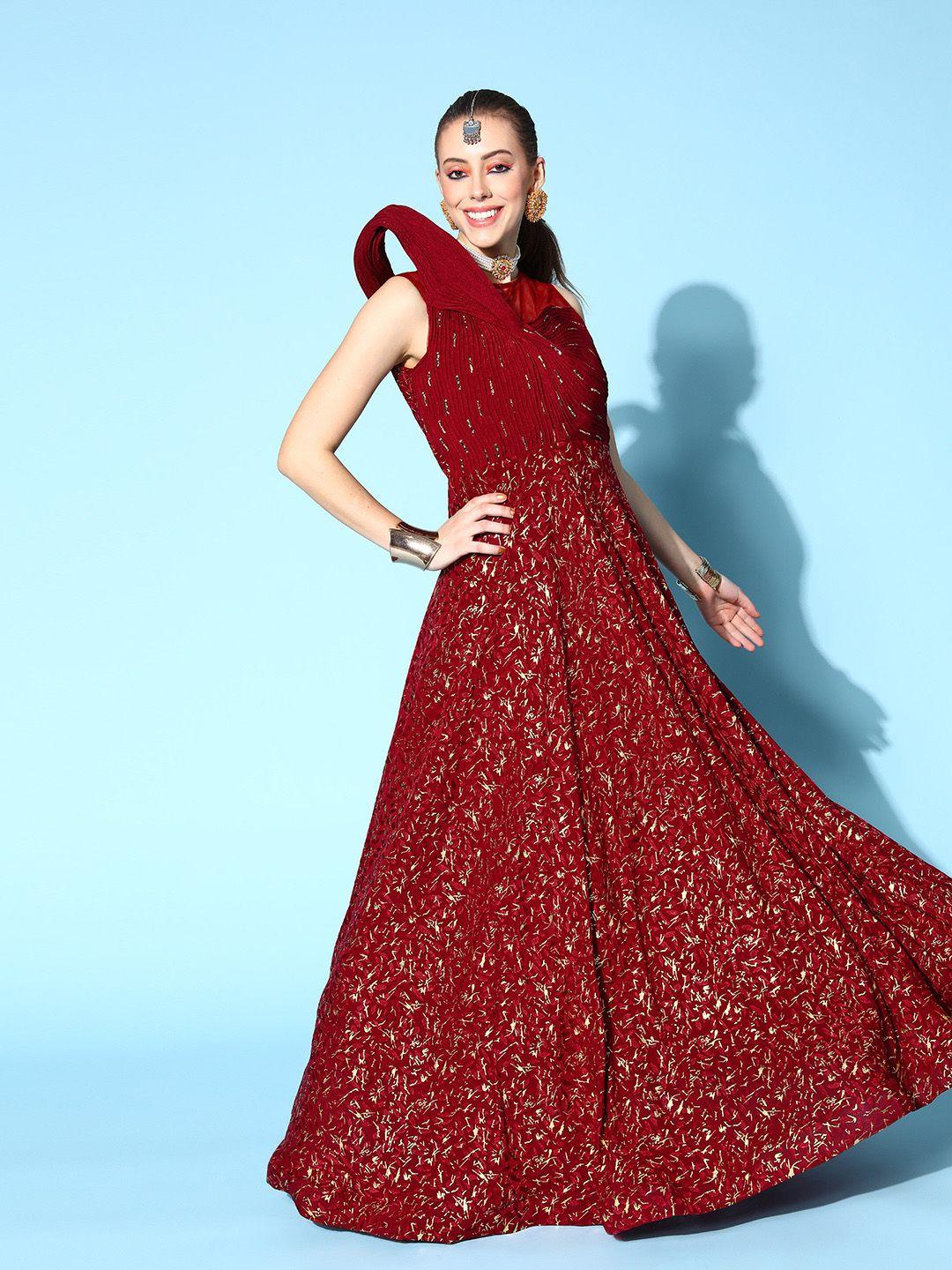 chhabra 555 women maroon embellished georgette maxi dress