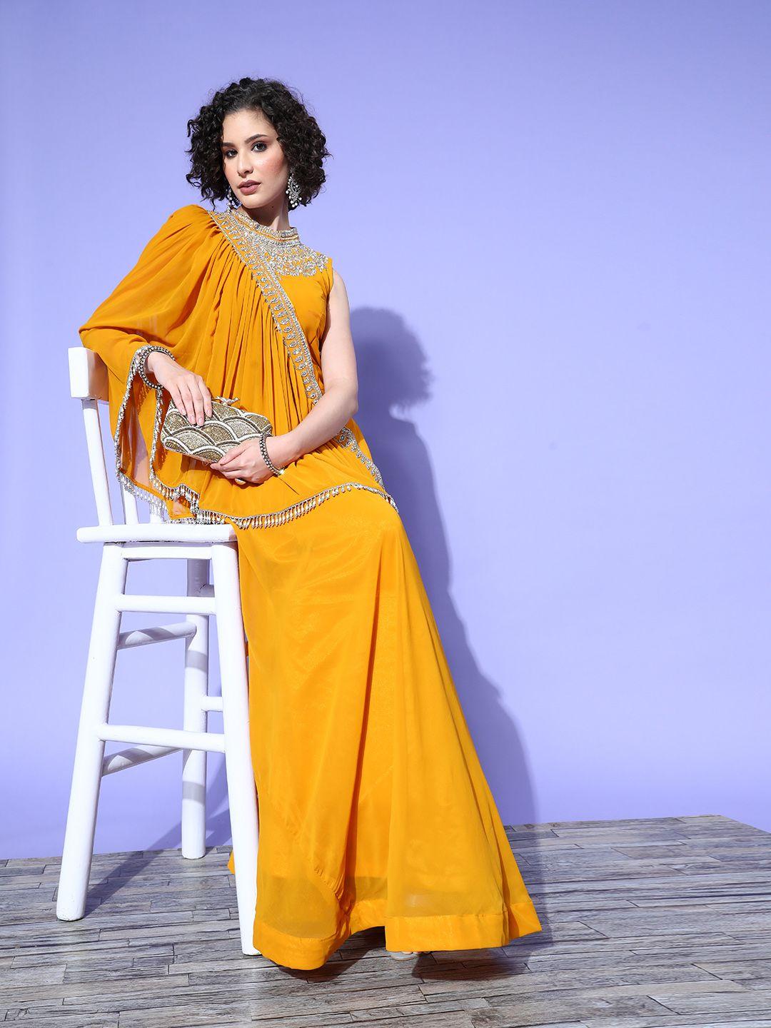 chhabra 555 women mustard embellished top to toe fusion dress