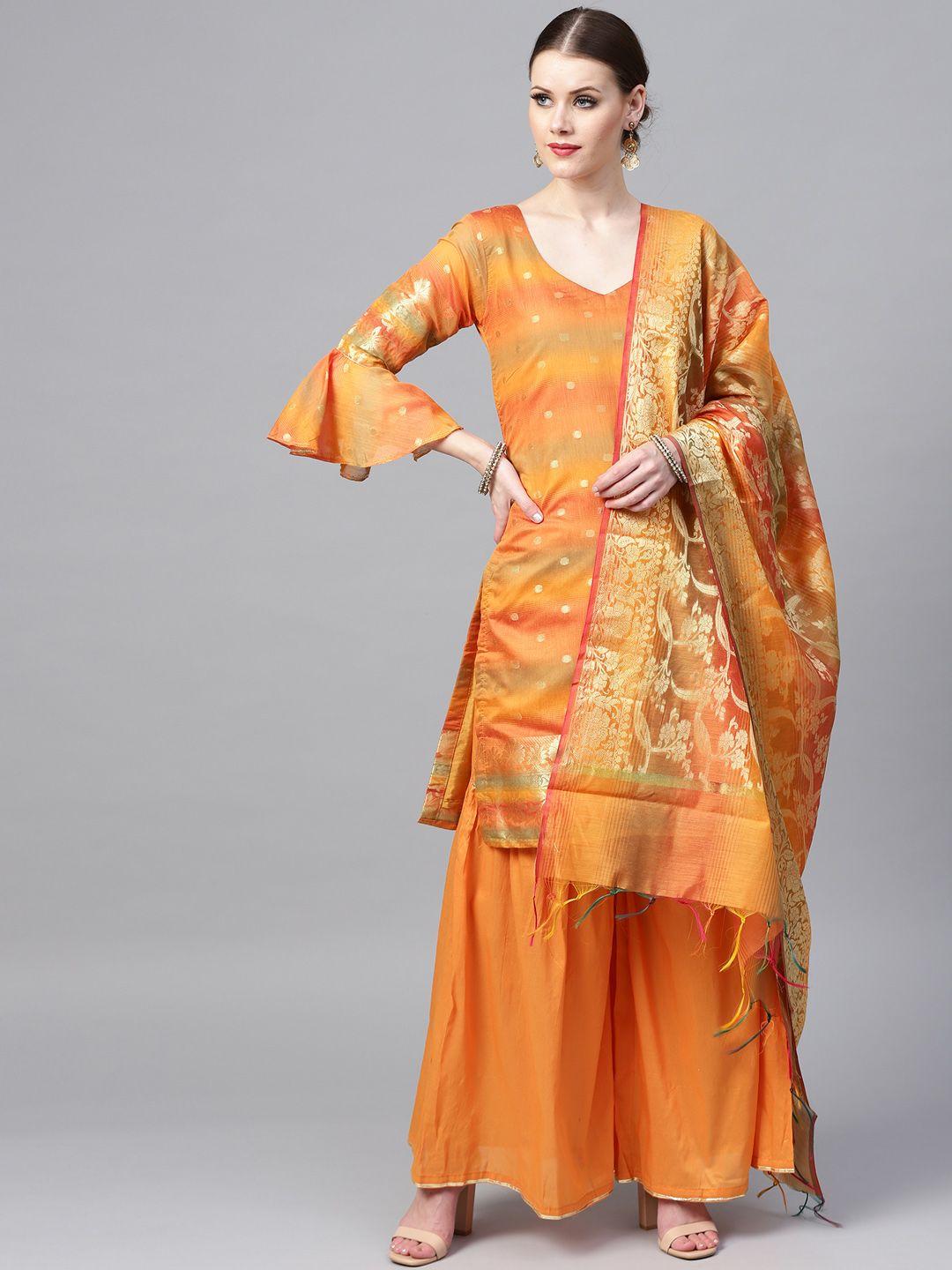chhabra 555 women mustard yellow woven design made to measure kurta with sharara & dupatta