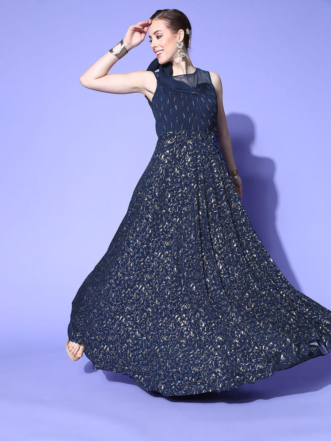 chhabra 555 women navy blue embellished georgette maxi dress