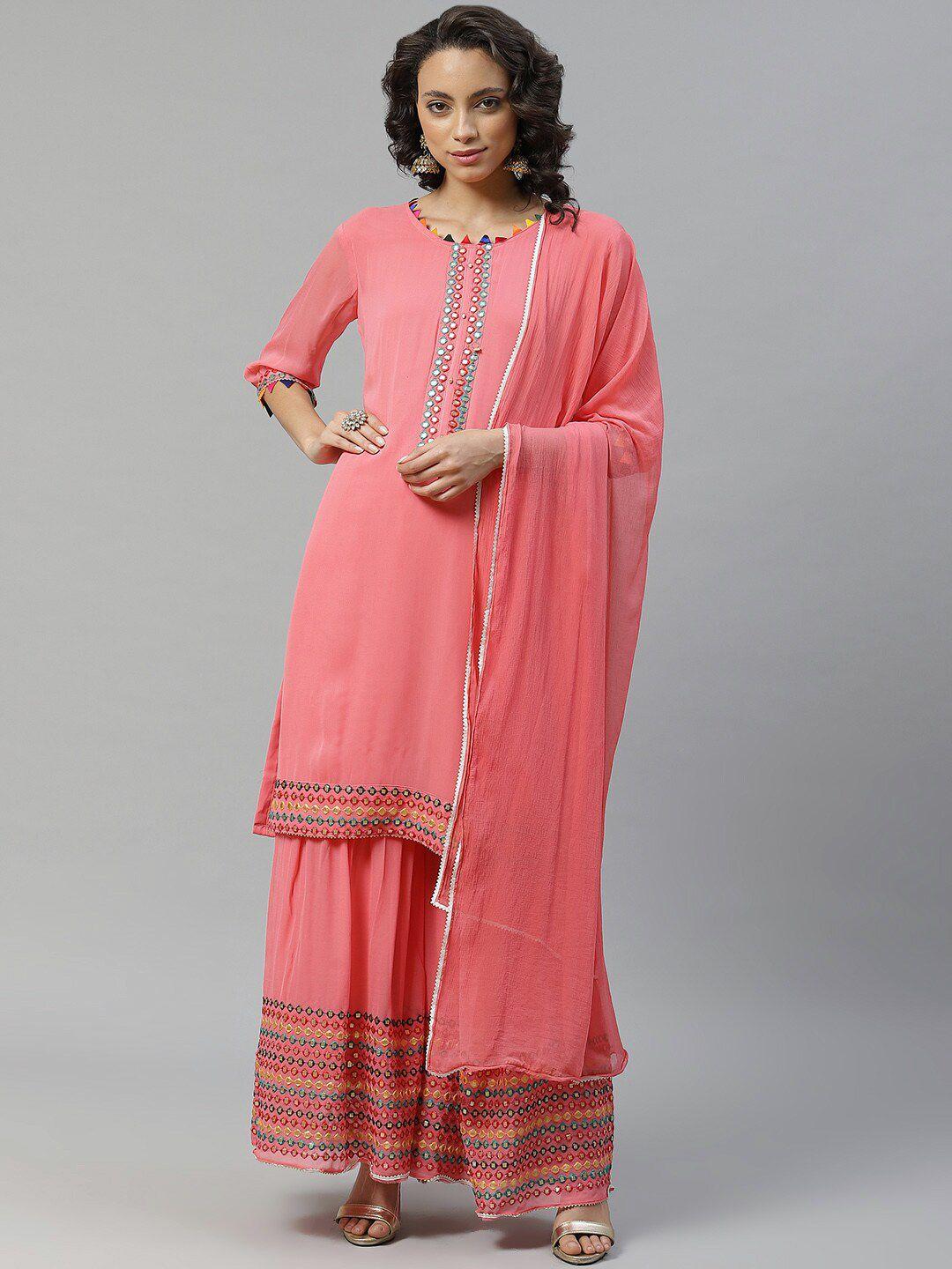 chhabra 555 women pink embroidered gotta patti kurta with sharara & with dupatta