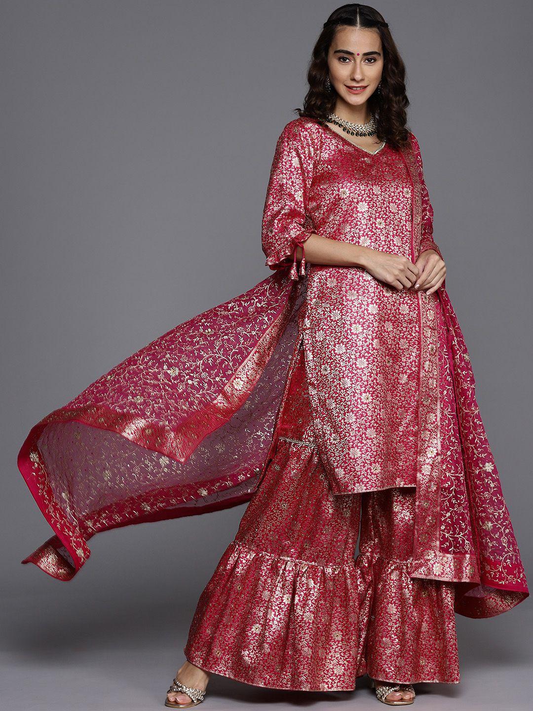 chhabra 555 women pink ethnic motifs embroidered kurta with sharara & dupatta
