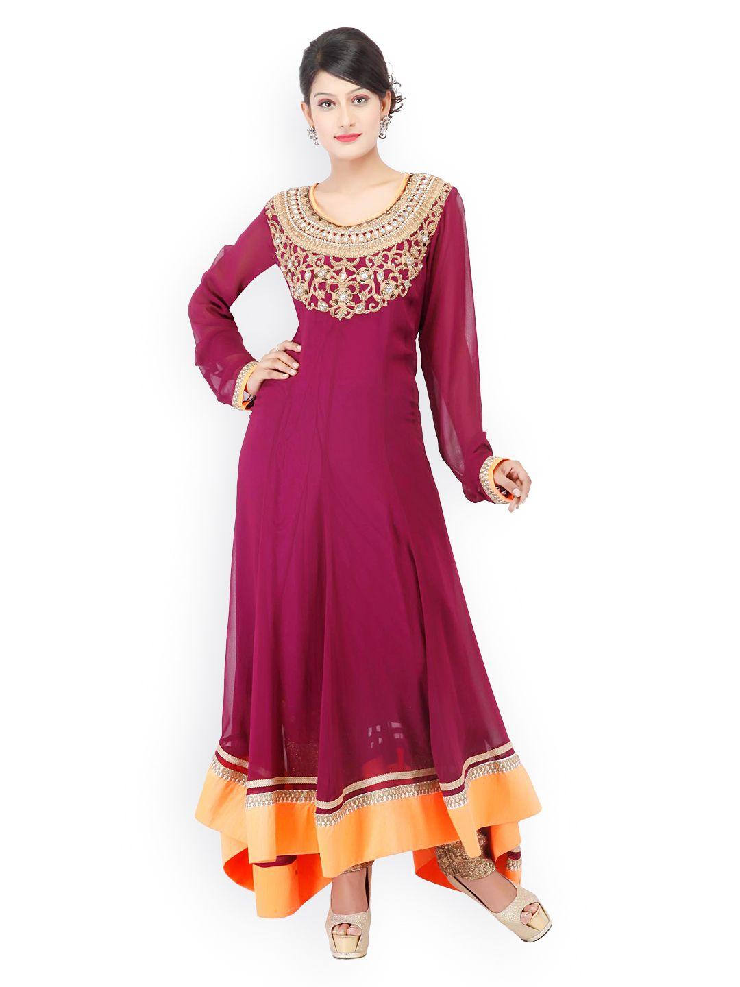 chhabra 555 women purple & gold-toned embroidered anarkali churidar kurta