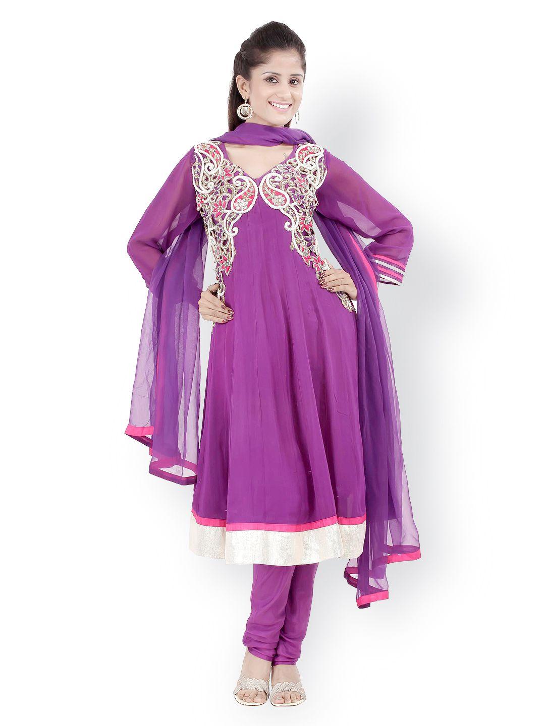 chhabra 555 women purple embroidered georgette anarkali churidar kurta with dupatta