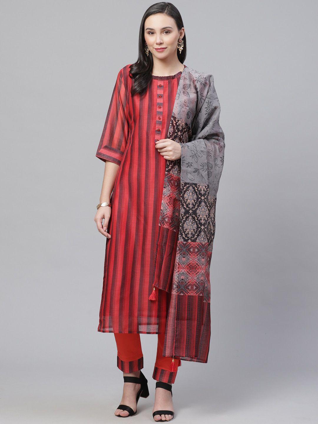 chhabra 555 women red & black striped kurta with trousers & dupatta