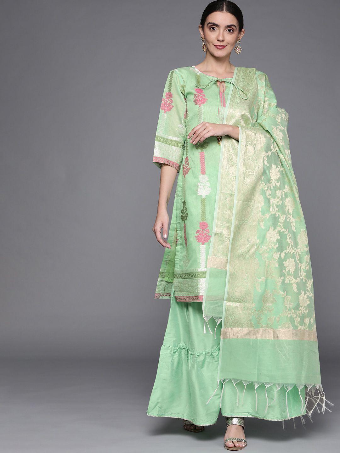 chhabra 555 women sea green floral kurta with sharara & with dupatta