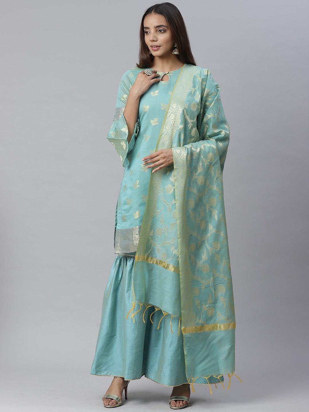 chhabra 555 women turquoise blue woven design kurti with sharara & dupatta