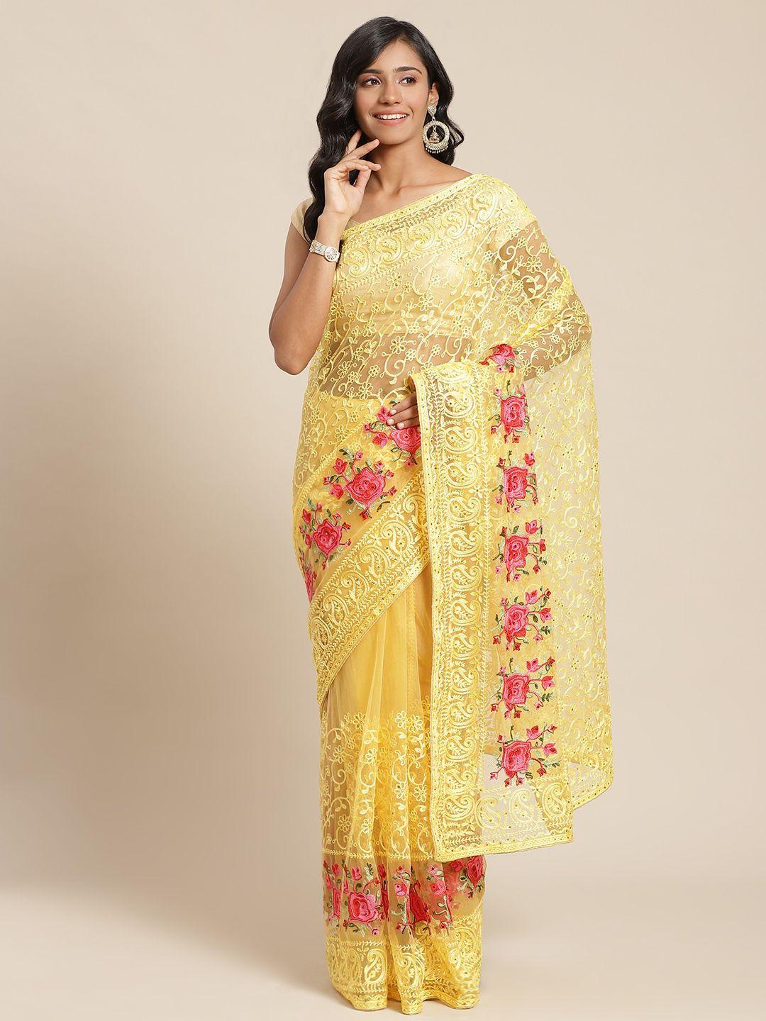 chhabra 555 yellow & pink ethnic embroidered net saree