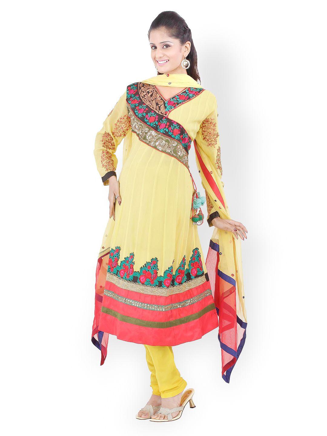 chhabra 555 yellow & red embroidered art georgette anarkali churidar kurta with dupatta