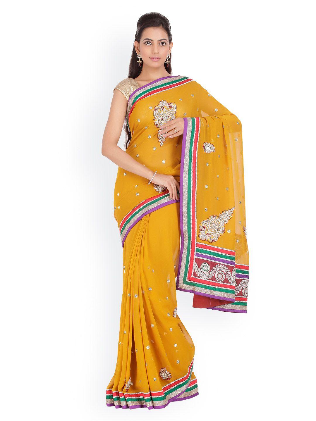 chhabra 555 yellow embellished georgette fashion saree