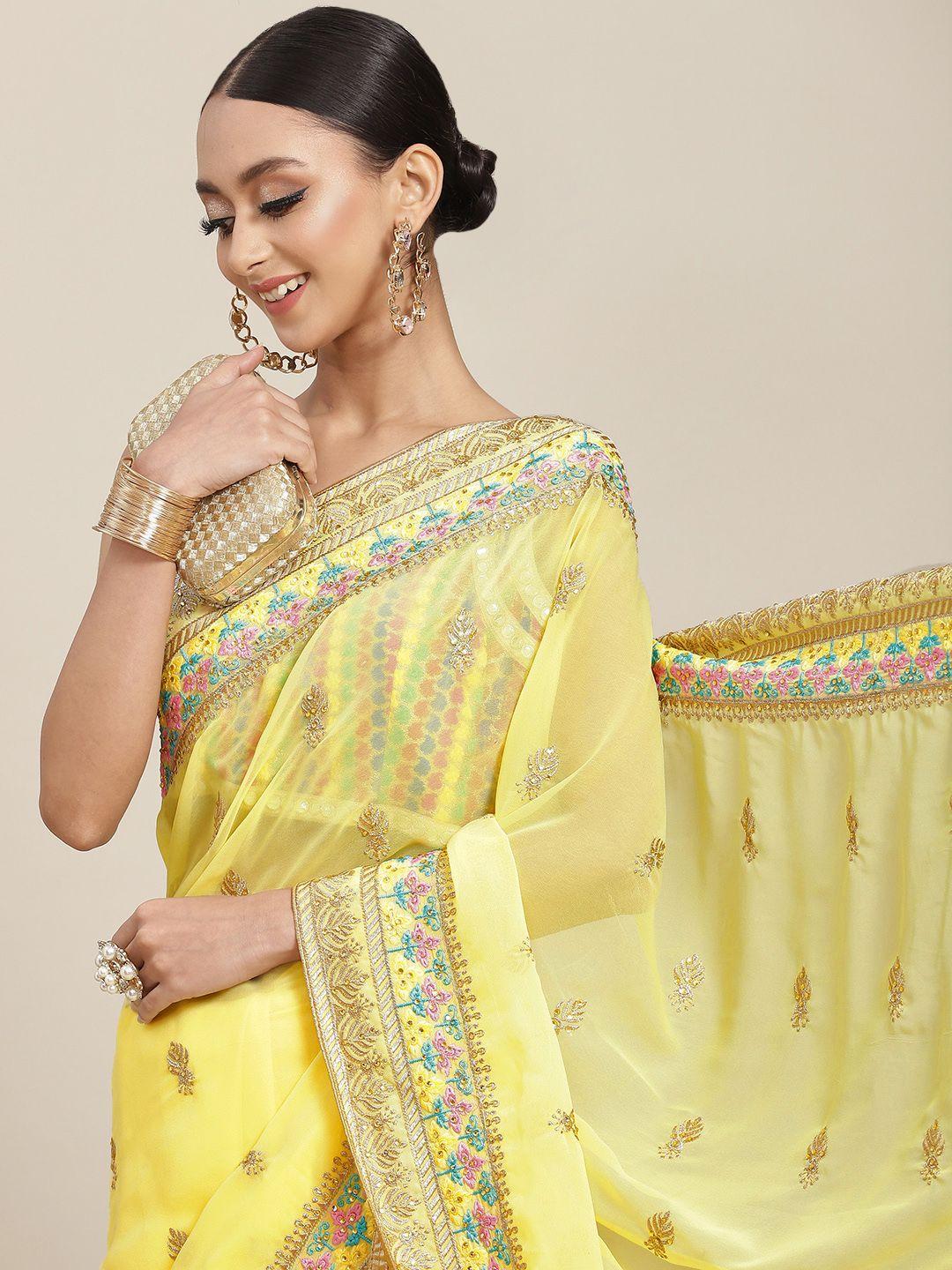 chhabra 555 yellow embroidered kantha work saree