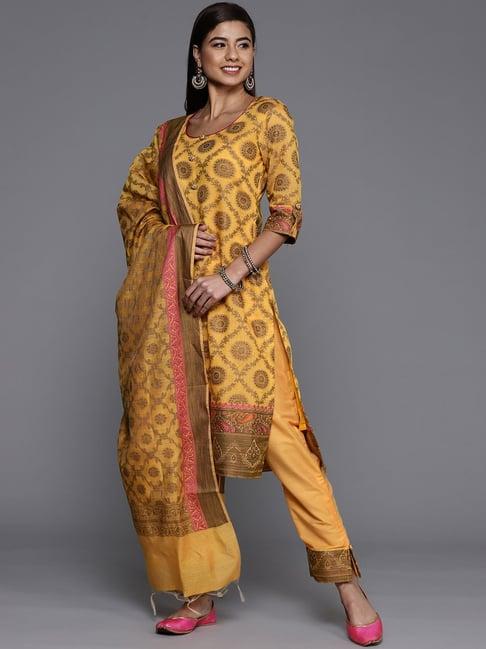 chhabra 555 yellow textured kurta with pant & dupatta