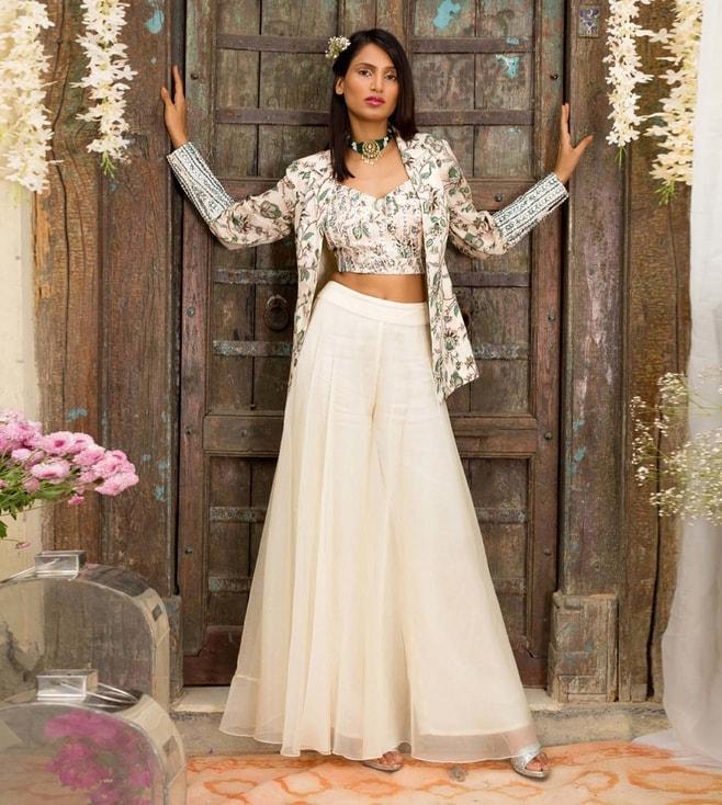 chhavvi aggarwal off white printed jacket with palazzo and embroidered inner
