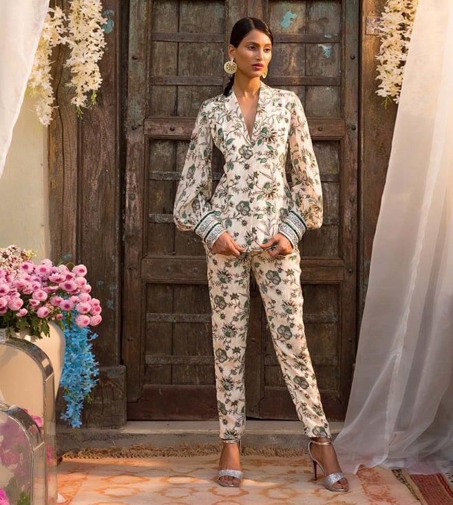 chhavvi aggarwal off white printed co-ord set with embroidered cuffs