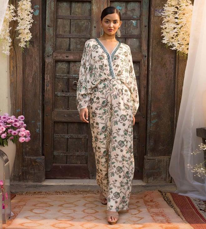 chhavvi aggarwal off white printed jumpsuit with embroidered neckline