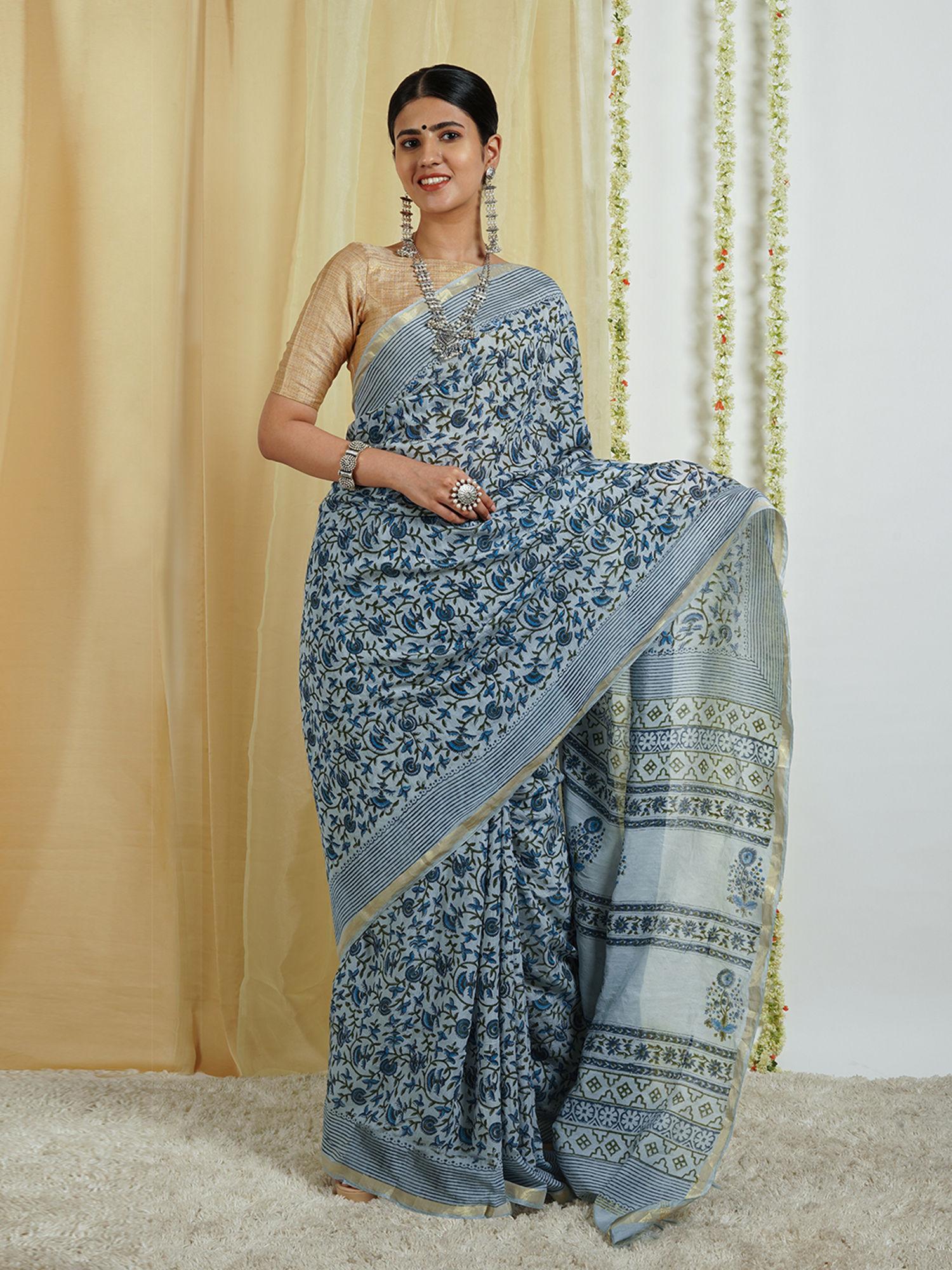 chhaya light blue block print chanderi cotton saree with unstitched blouse